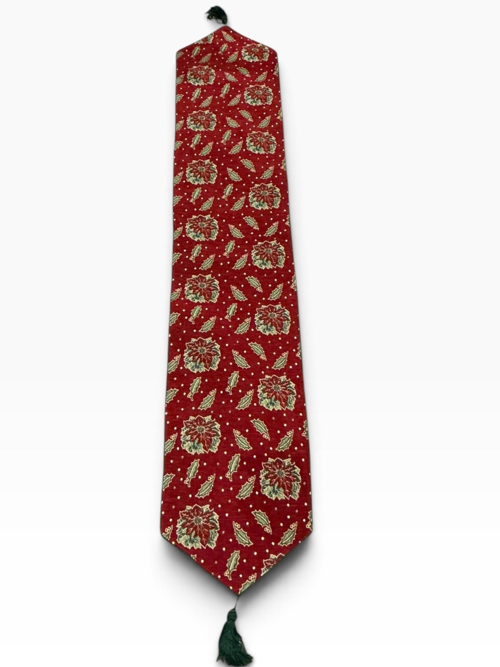 Embroidered Christmas Table Runner Red Poinsettia Holly Holiday Decor